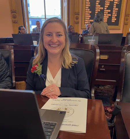 Rep. Christine Cockley sits in the Ohio Statehouse during Opening Day of the 136th General Assembly.