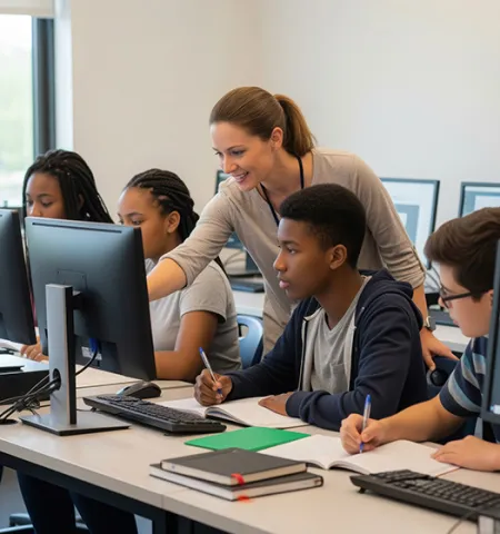 A teacher working with students at a computer