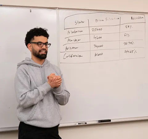 John Glenn College of Public Affairs graduate student Hemzeh Khasawneh stands in front of a classroom with writing on a white board